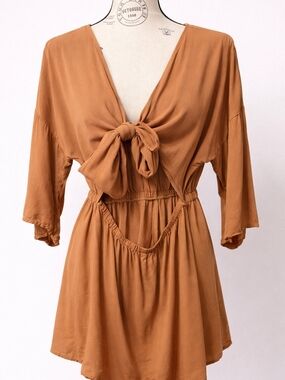 Tan Tie Front Romper Boho Flowy Romper M